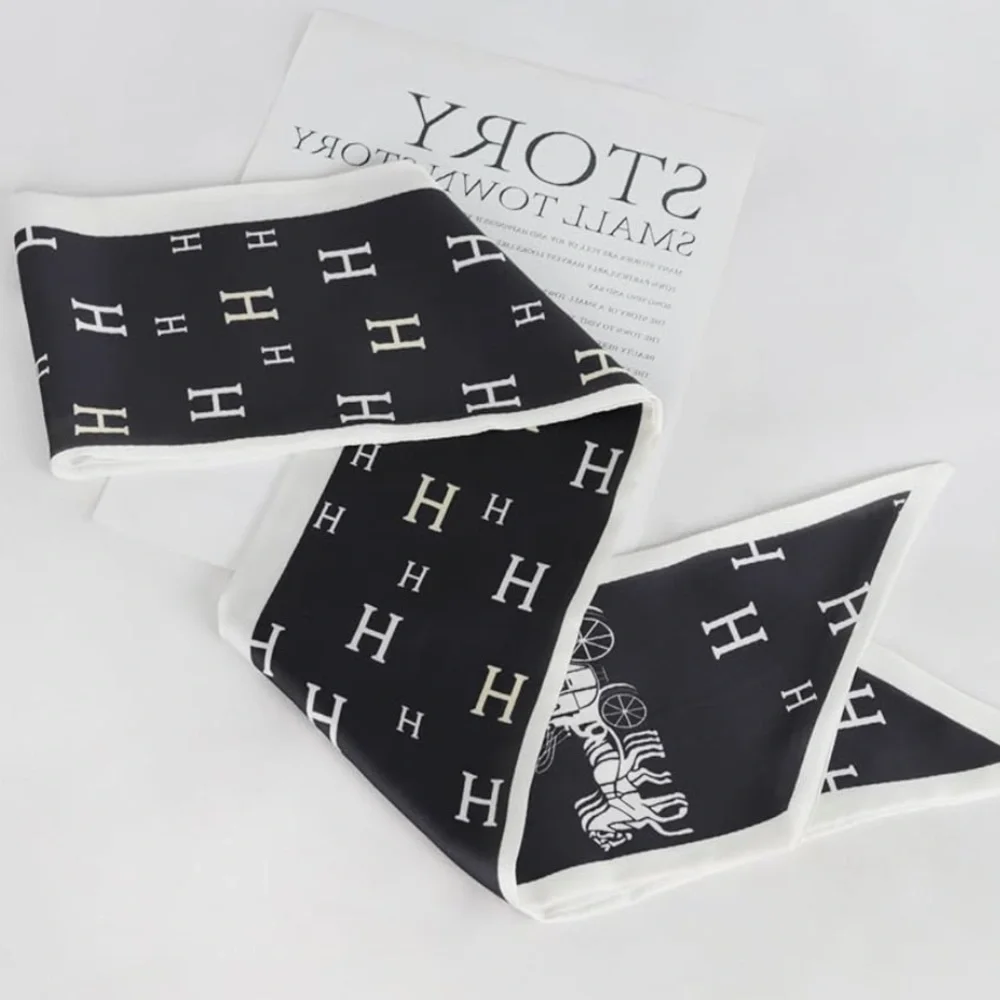 Black and White Luxury Silky Twilly Scarf w/ H Pattern Horse Carriage Expensive
